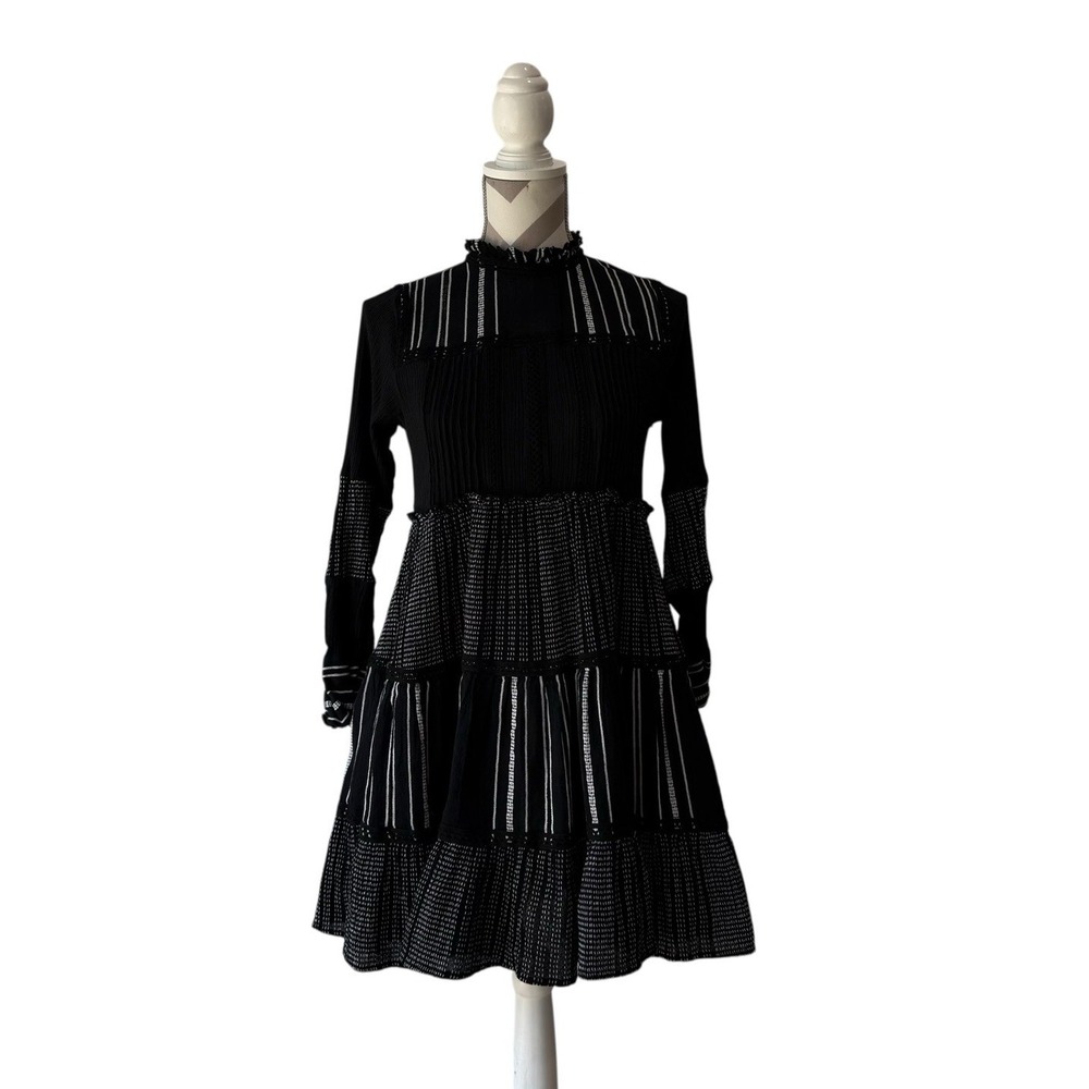 Zara Black Babydoll‎ Tiered Dress, Long Sleeve High Neck, Contrasting, Size XS